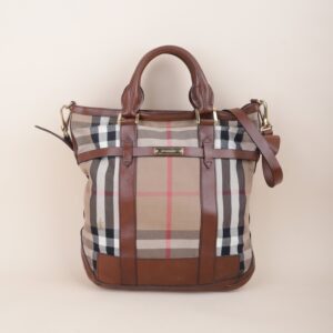 Burberry Bicolor House Check Bridle Kenny Tote Bag with Strap