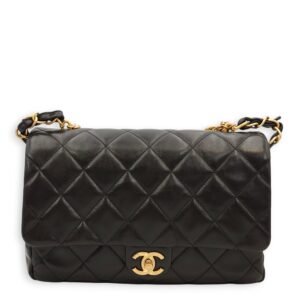 Quilted Seasonal Flap Black Crossbody Bag in Lambskin, Gold hardware