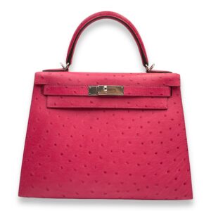 Sellier Kelly 28 Rose Tyrien in Ostrich, Palladium hardware