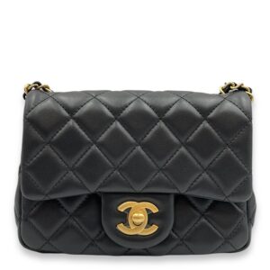 Pearl Crush Square Mini Black Crossbody Bag in Lambskin, Gold hardware