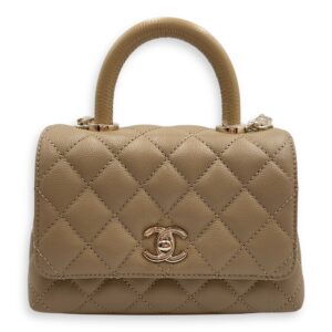 Quilted Coco Mini Beige Top Handle Bag in Caviar Leather, Gold hardware