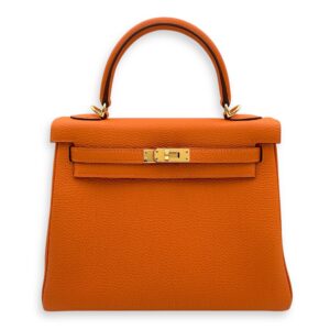 Kelly 25 Orange in Togo, Gold hardware