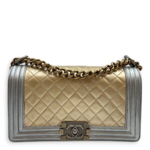 Quilted Bi-Colour Boy Medium Gold/Silver Shoulder Bag in Metallic, Brushed Gold hardware