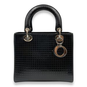 Lady Dior Cannage Tote with Zipper Medium Black Top Handle Bag in Patent, Silver hardware