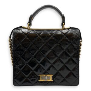 Crinkled Quilted Rita Flap Black Shoulder Bag in Distressed Leather, Brushed Gold hardware
