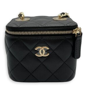 Vanity Case with Pearl Strap Black Crossbody Bag in Lambskin, Gold hardware