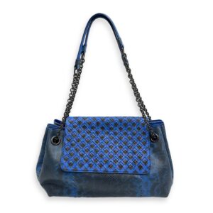 Intrecciato Cravatteria Flap Blue Shoulder Bag in Lizard, Ruthenium hardware