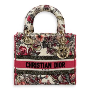 Lady Dior Butterfly Medium Pink and White Shoulder Bag in Canvas, Gold hardware