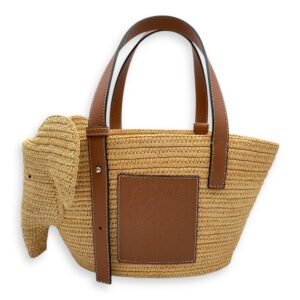 Elephant Basket Small Beige Top Handle Bag in Raffia/Calfskin, Silver hardware