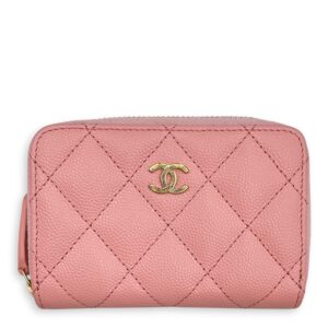 Quilted Zip Pink Card Holder in Caviar Leather, Gold hardware