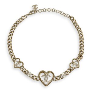 Heart Crystal CC Logo Brushed Gold Hardware Choker
