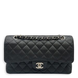 Classic Medium Black Double Flap Bag in Caviar Leather, Silver hardware