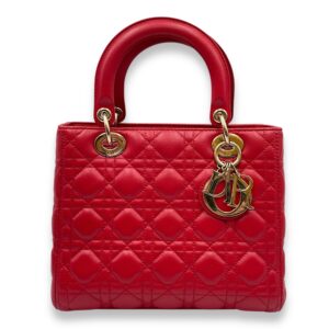 Lady Dior Medium Lambskin Red Top Handle Bag in Lambskin, Gold hardware