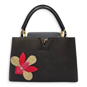 Capucines Iris Blossom PM Black Top Handle Bag in Calfskin, Gold hardware