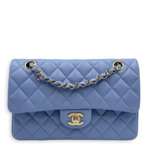 Classic Flap Medium Blue Double Flap Bag in Lambskin, Gold hardware