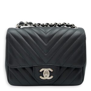 Square Chevron Mini Black Flap Bag in Lambskin, Silver hardware