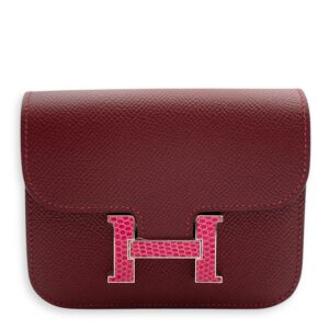 Constance Slim Rouge H/Rose Wallet in Epsom/Lizard, Palladium hardware