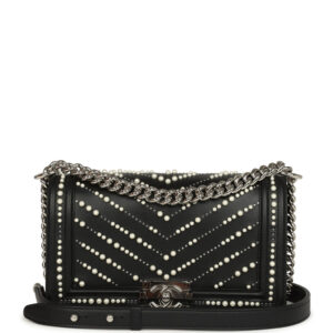 Chanel Medium Boy Bag Black Pearl Chevron Calfskin Silver Hardware