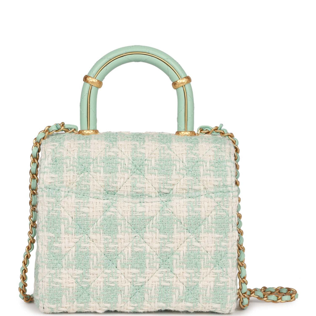 Chanel Mini Square Flap with Top Handle Turquoise and Ecru Tweed Antique Gold Hardware - Image 5