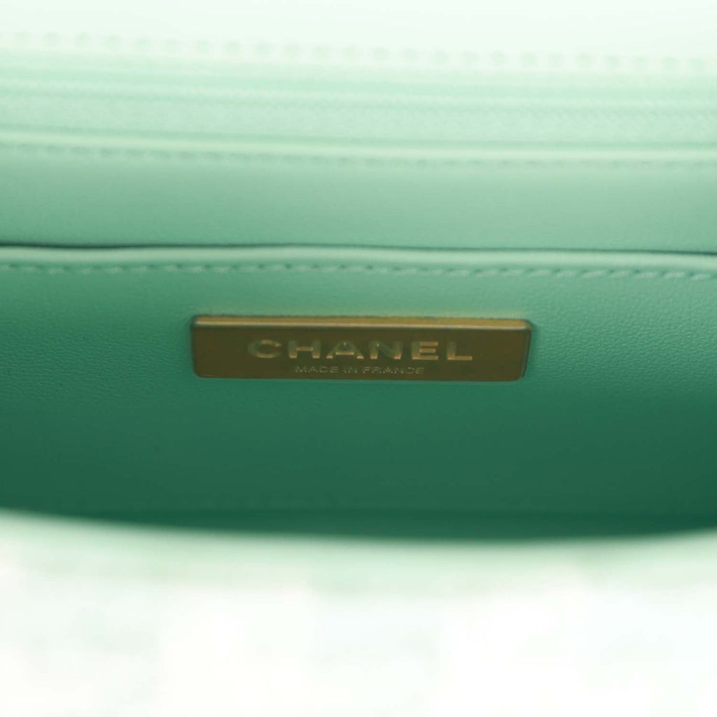 Chanel Mini Square Flap with Top Handle Turquoise and Ecru Tweed Antique Gold Hardware - Image 10