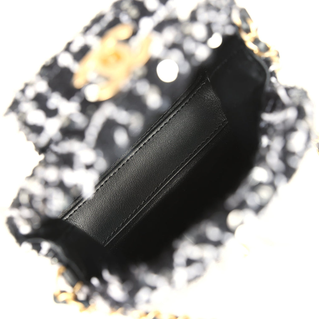 Chanel Nano Kelly Shopper Black, White & Silver Sequin Tweed Brushed Gold Hardware - Image 9