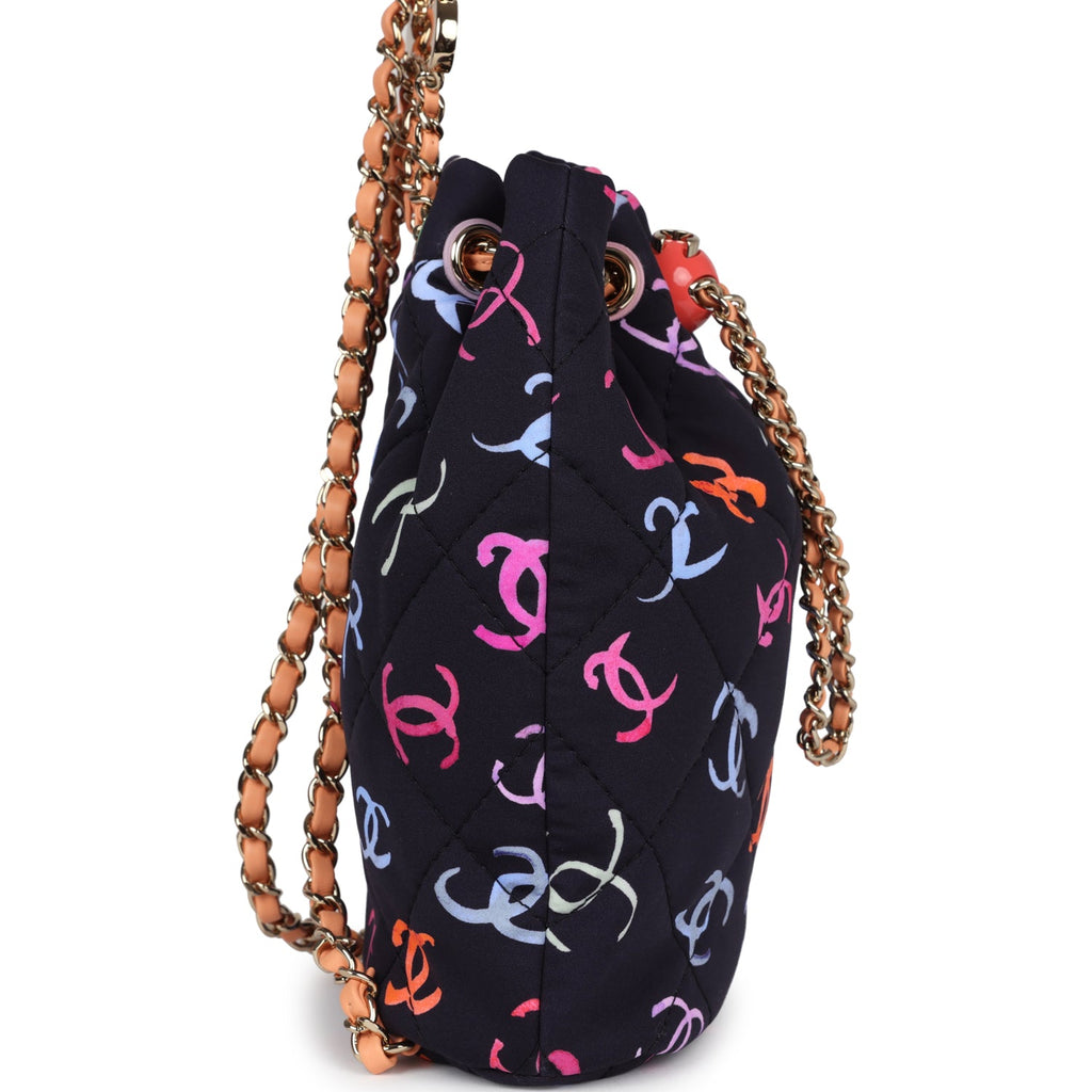Chanel Medium CC Drawstring Backpack Multicolored Printed Fabric Light Gold Hardware - Image 4