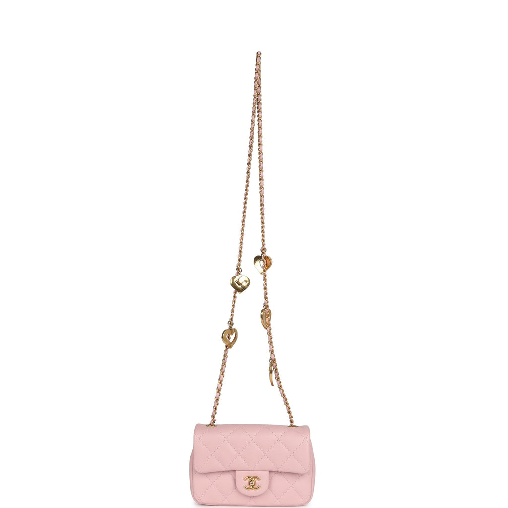 Pre-owned Chanel Mini Rectangular Flap Bag with Heart Chain Pink Lambskin Antique Gold Hardware - Image 8