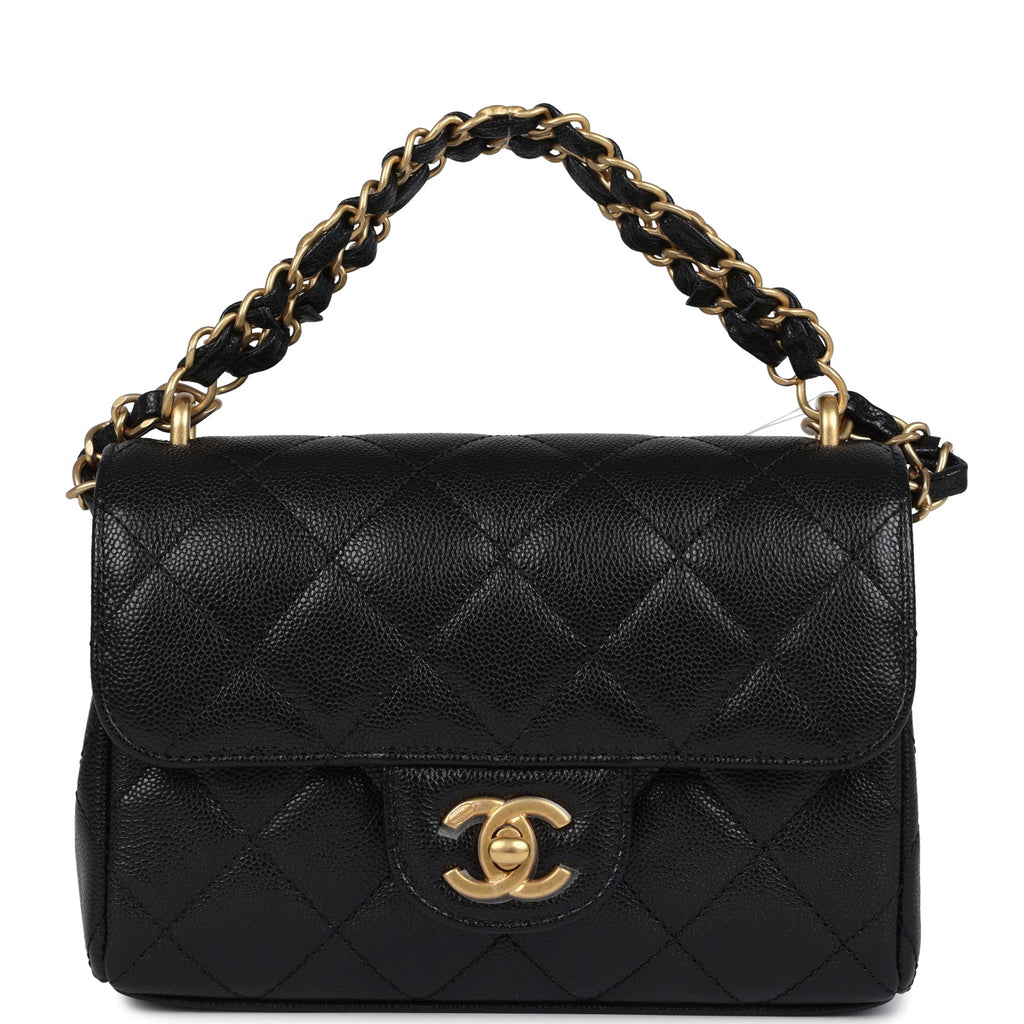 Chanel Mini Top Handle Flap Bag Black Grained Calfskin Brushed Gold Hardware