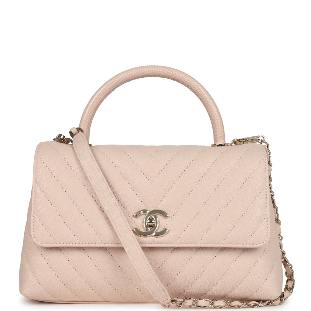 Chanel Medium Coco Top Handle Flap Bag Light Beige Chevron Caviar Light Gold Hardware