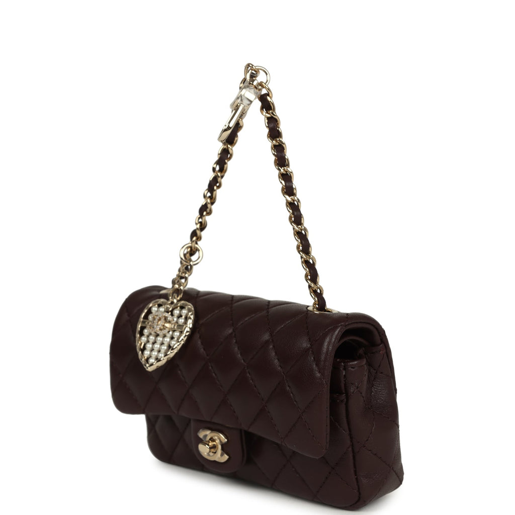 Chanel Nano Classic Double Flap Bag Charm Dark Brown Lambskin Light Gold Hardware - Image 6
