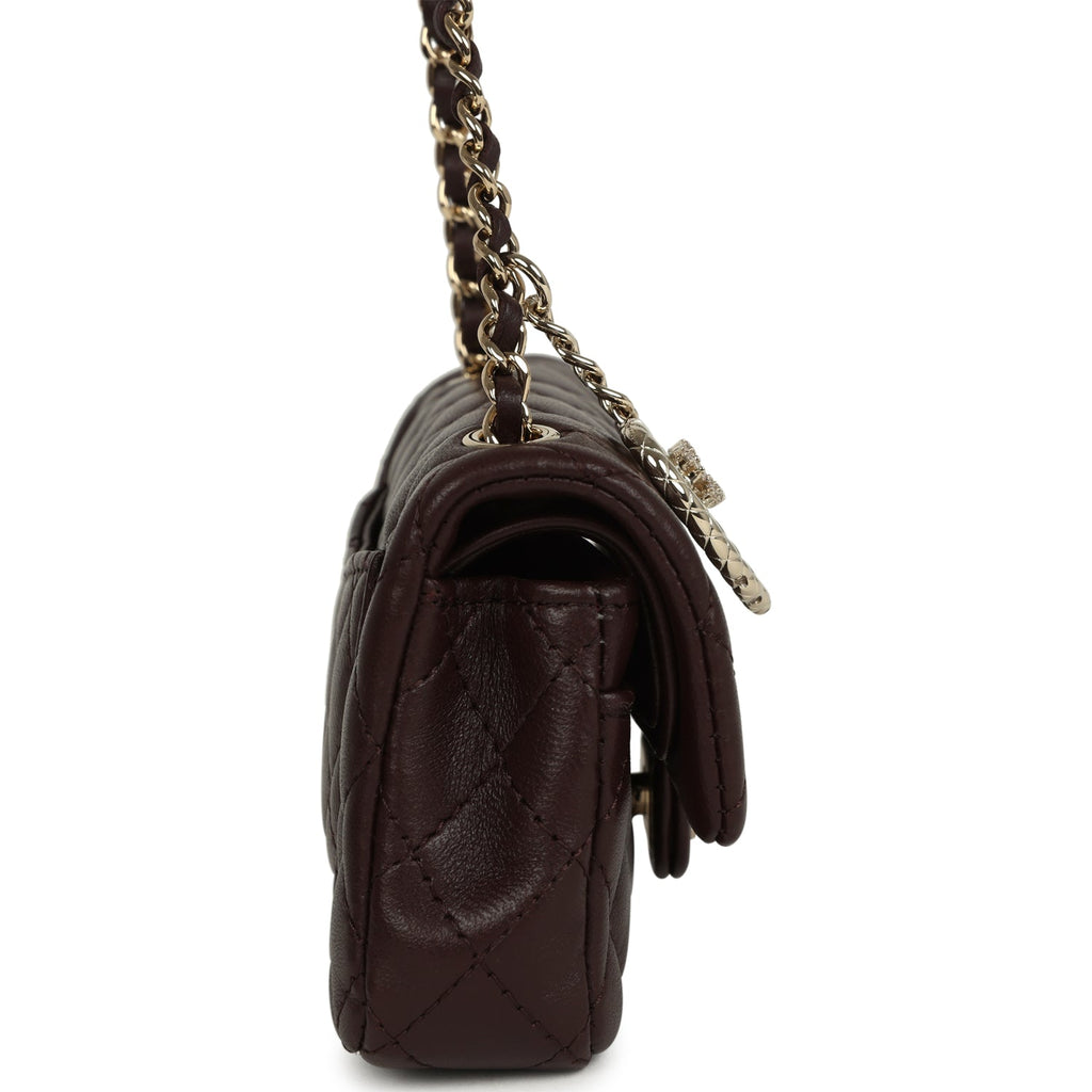Chanel Nano Classic Double Flap Bag Charm Dark Brown Lambskin Light Gold Hardware - Image 4