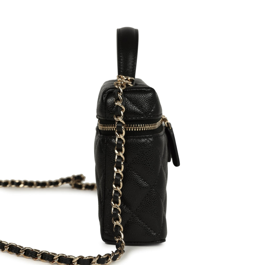 Chanel Top Handle Long Vanity Case with Chain Black Shiny Caviar Light Gold Hardware - Image 4