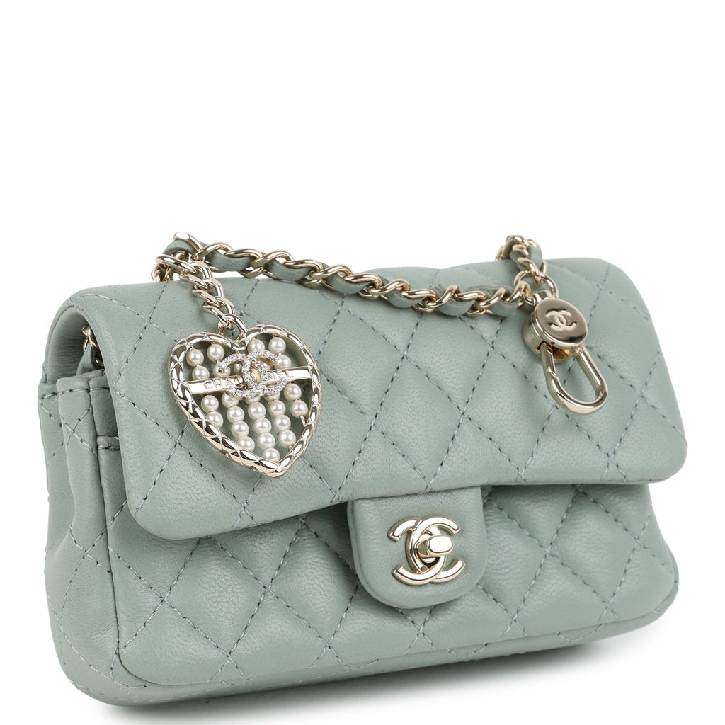 Chanel Nano Classic Double Flap Bag Charm Dark Green Lambskin Light Gold Hardware - Image 3