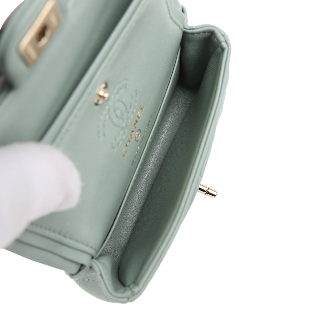 Chanel Nano Classic Double Flap Bag Charm Dark Green Lambskin Light Gold Hardware - Image 9