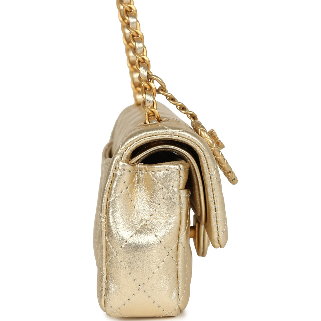 Chanel Nano Classic Double Flap Bag Charm Gold Metallic Calfskin Brushed Gold Hardware - Image 4