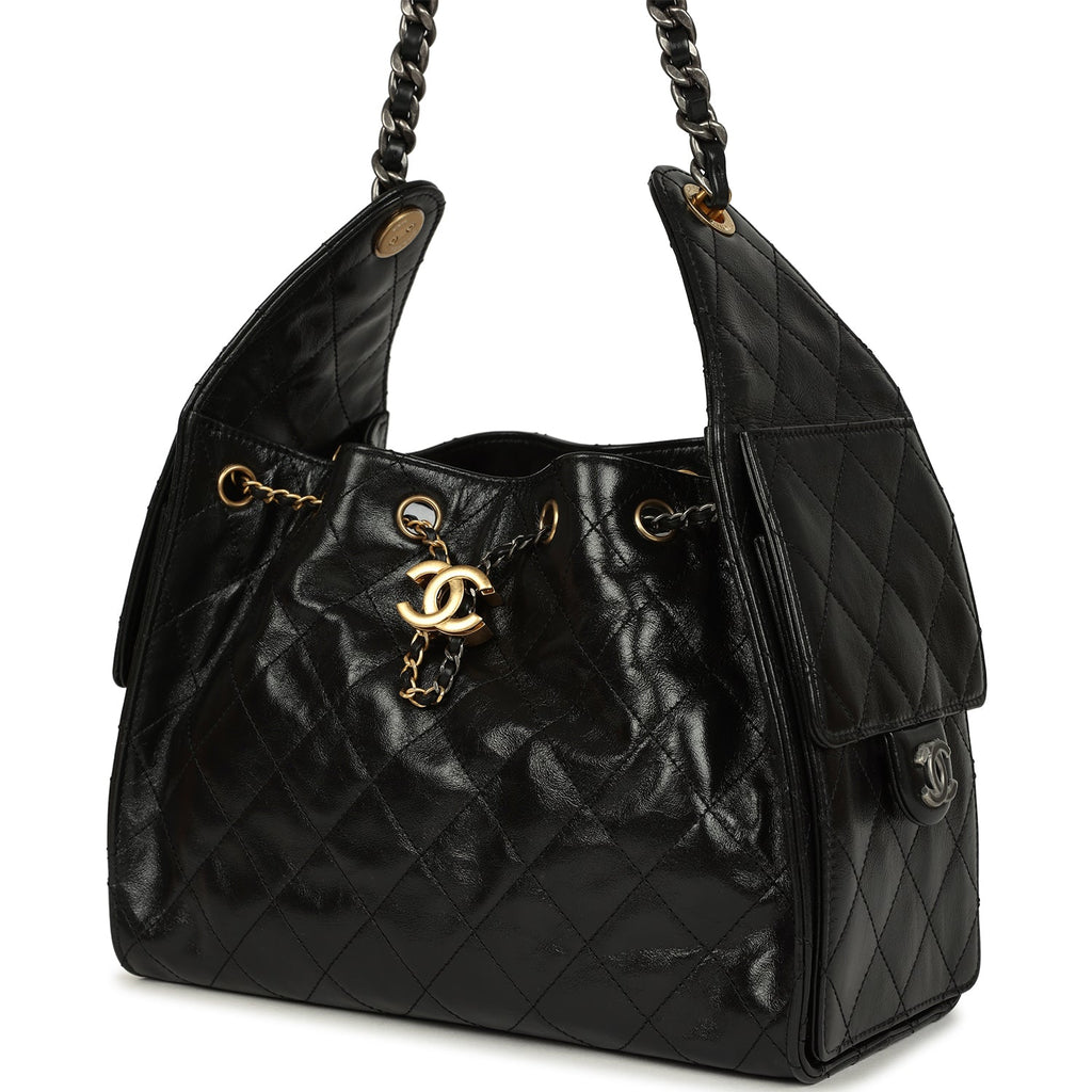 Pre-owned Chanel Small 25 Hobo Bag Black Shiny Crumpled Calfskin Mixed Metal Hardware - Image 6