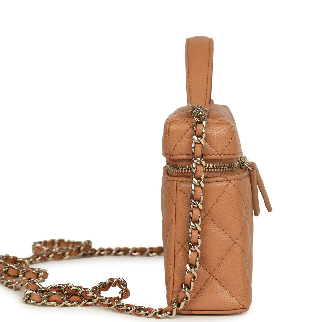 Chanel Top Handle Long Vanity Case with Chain Dark Beige Shiny Caviar Light Gold Hardware - Image 4