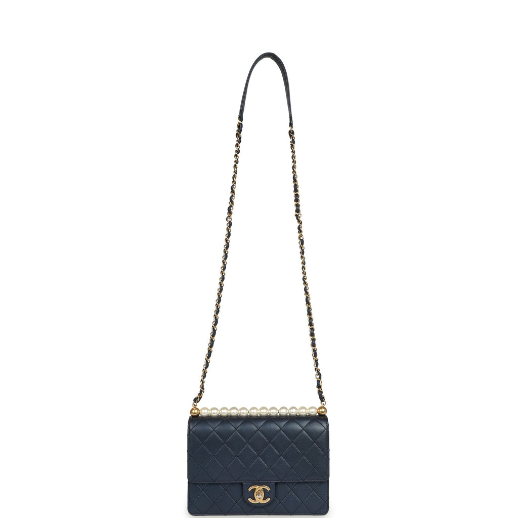 Pre-owned Chanel Small Chic Pearls Flap Bag Navy Calfskin Antique Gold Hardware - Image 8