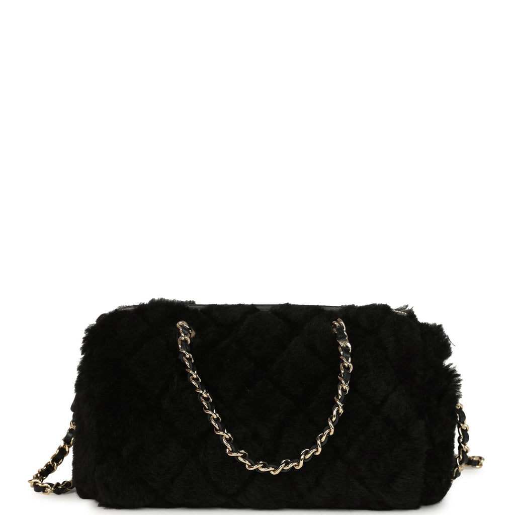 Chanel Mini Timeless Classic Barrel Bag with Chain Black Shearling Light Gold Hardware - Image 5