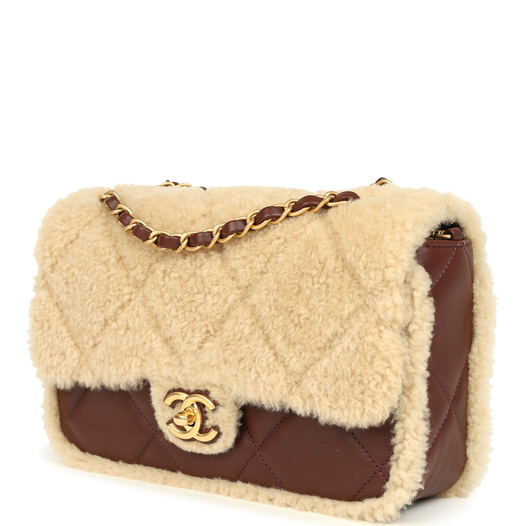 Chanel Medium Shearling Flap Bag Dark Brown Lambskin and Beige Shearling Brushed Gold Hardware - Image 6