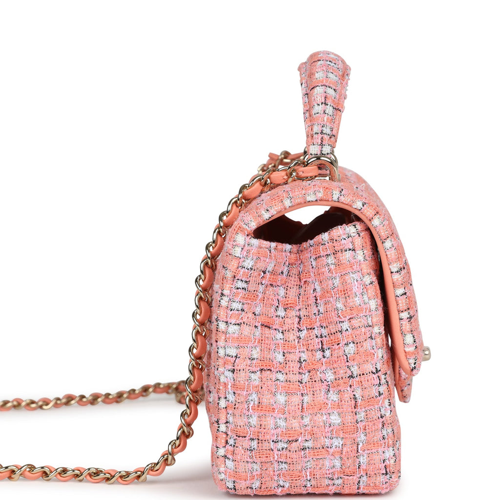 Chanel Mini Rectangular Top Handle Flap Bag Coral Tweed Light Gold Hardware - Image 4