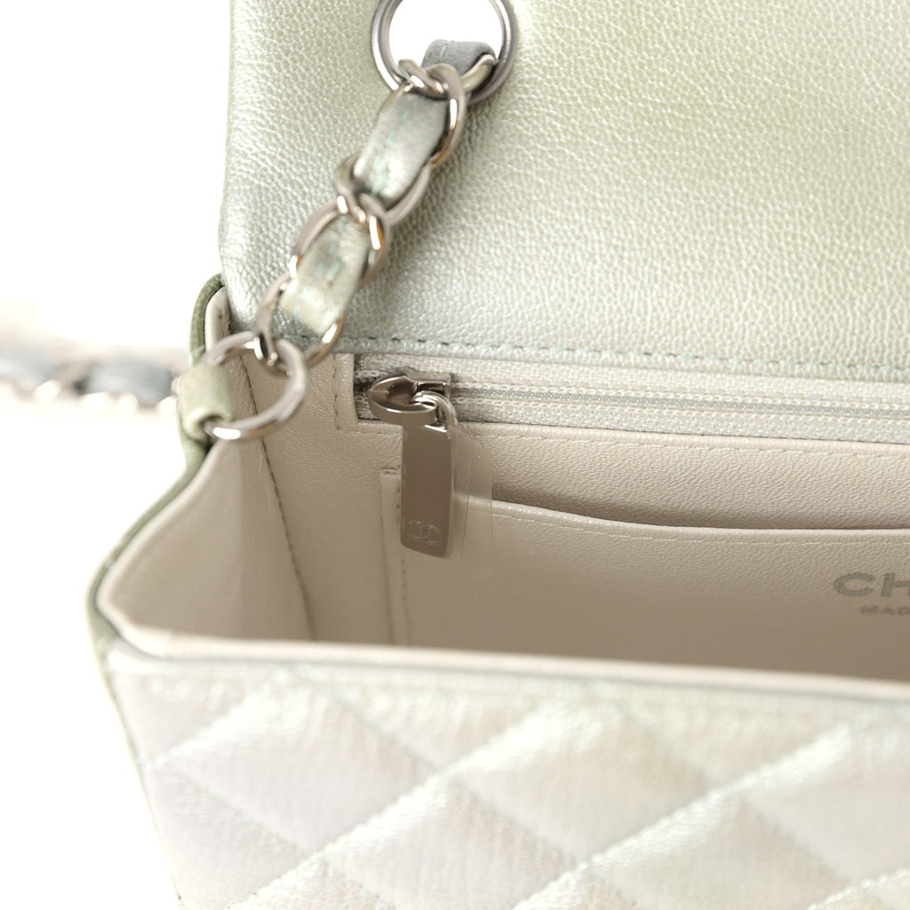 Chanel Mini Classic Rectangular Flap Bag Grey and Green Ombre Iridescent Goatskin Silver Hardware - Image 11