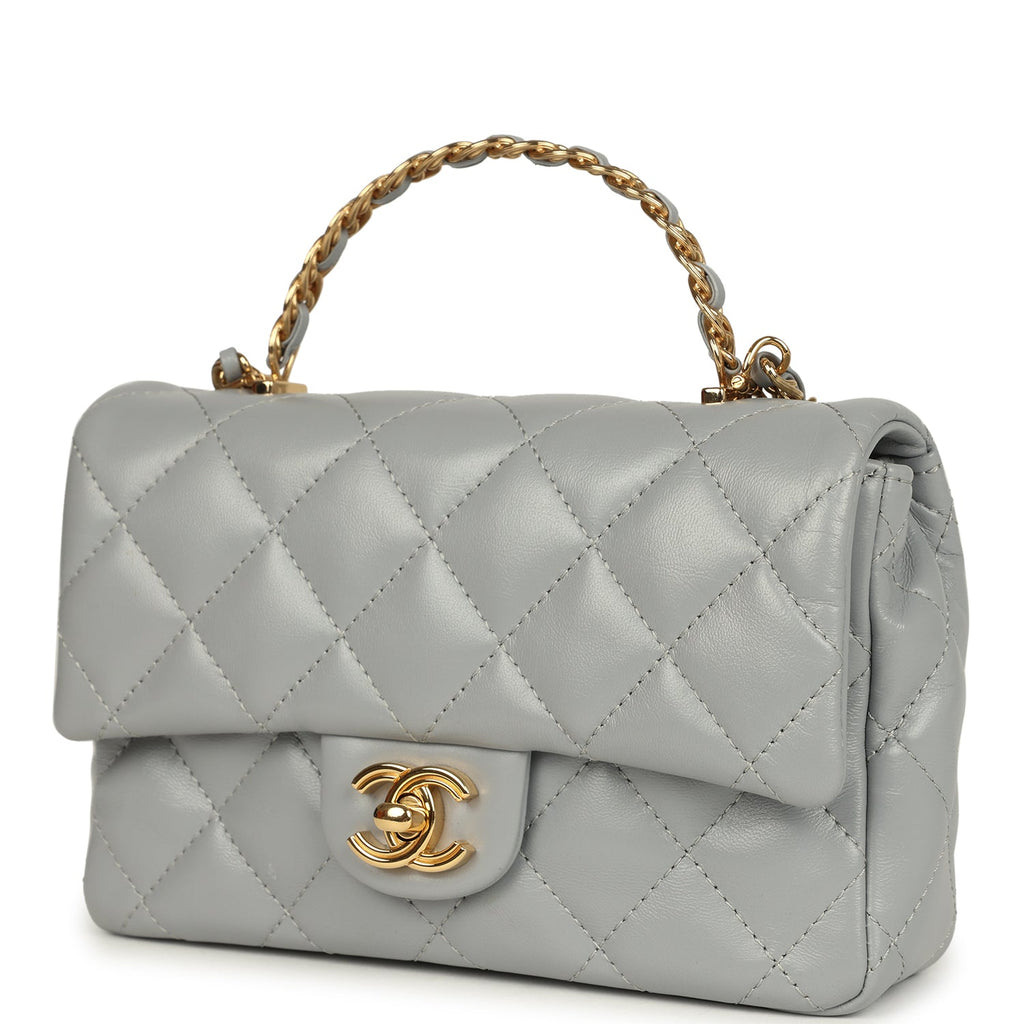 Pre-owned Chanel Mini CC Rectangular Flap Bag with Top Handle Light Grey Lambskin Gold Hardware - Image 6