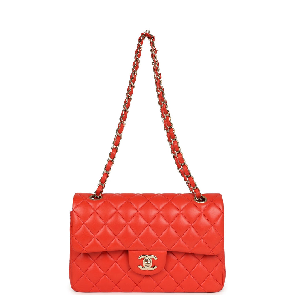 Pre-owned Chanel Small Classic Double Flap Bag Red Lambskin Light Gold Hardware - Image 8