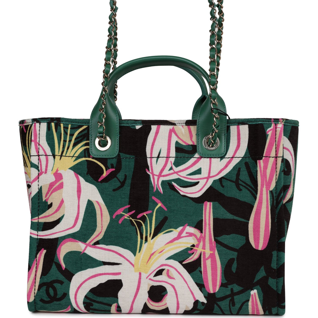 Chanel Small Deauville Shopping Tote Green and Pink Tropical Floral Velvet Light Gold Hardware - Image 6
