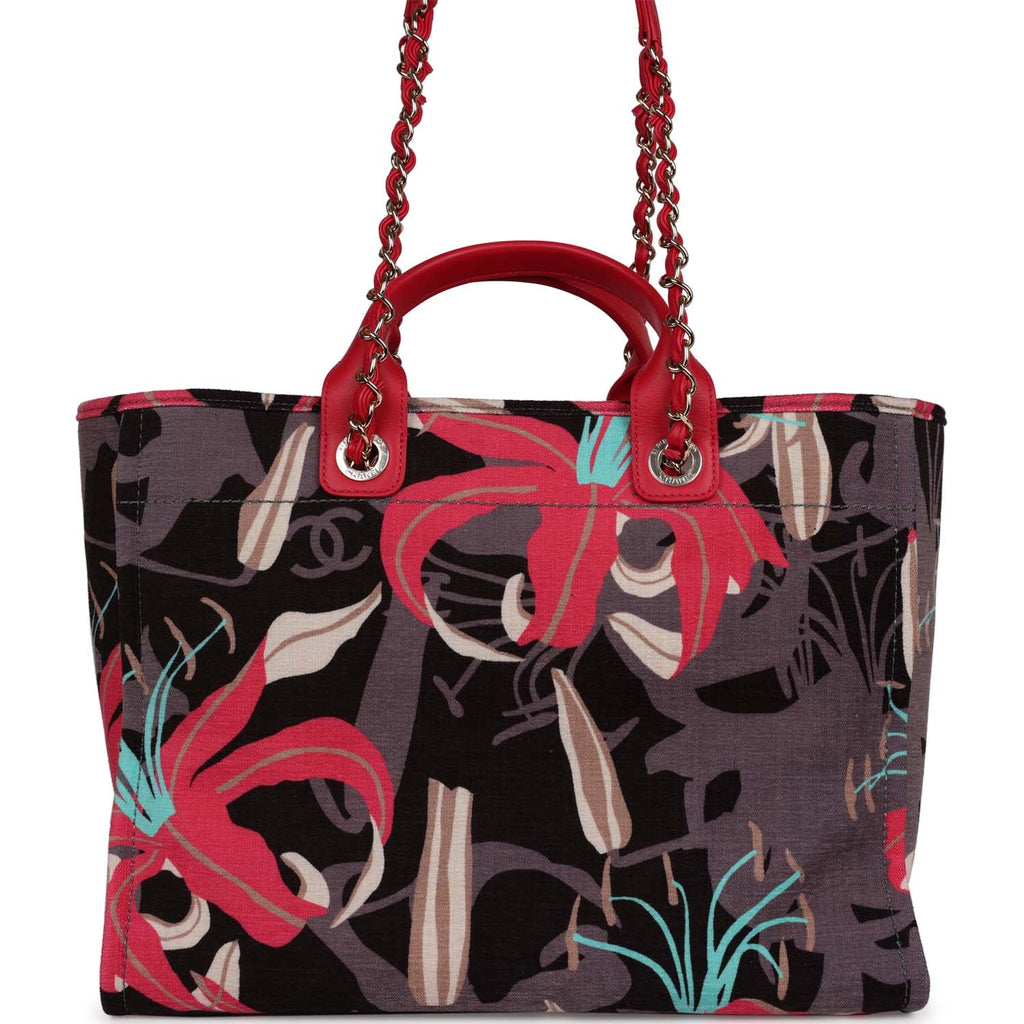 Chanel Medium Deauville Shopping Tote Grey and Pink Tropical Floral Velvet Light Gold Hardware - Image 6