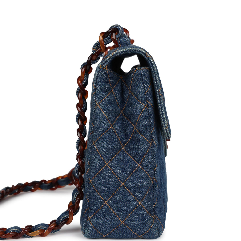 Vintage Chanel Jumbo Classic Single Flap Bag Blue Denim Tortoiseshell Bakelite Hardware - Image 4
