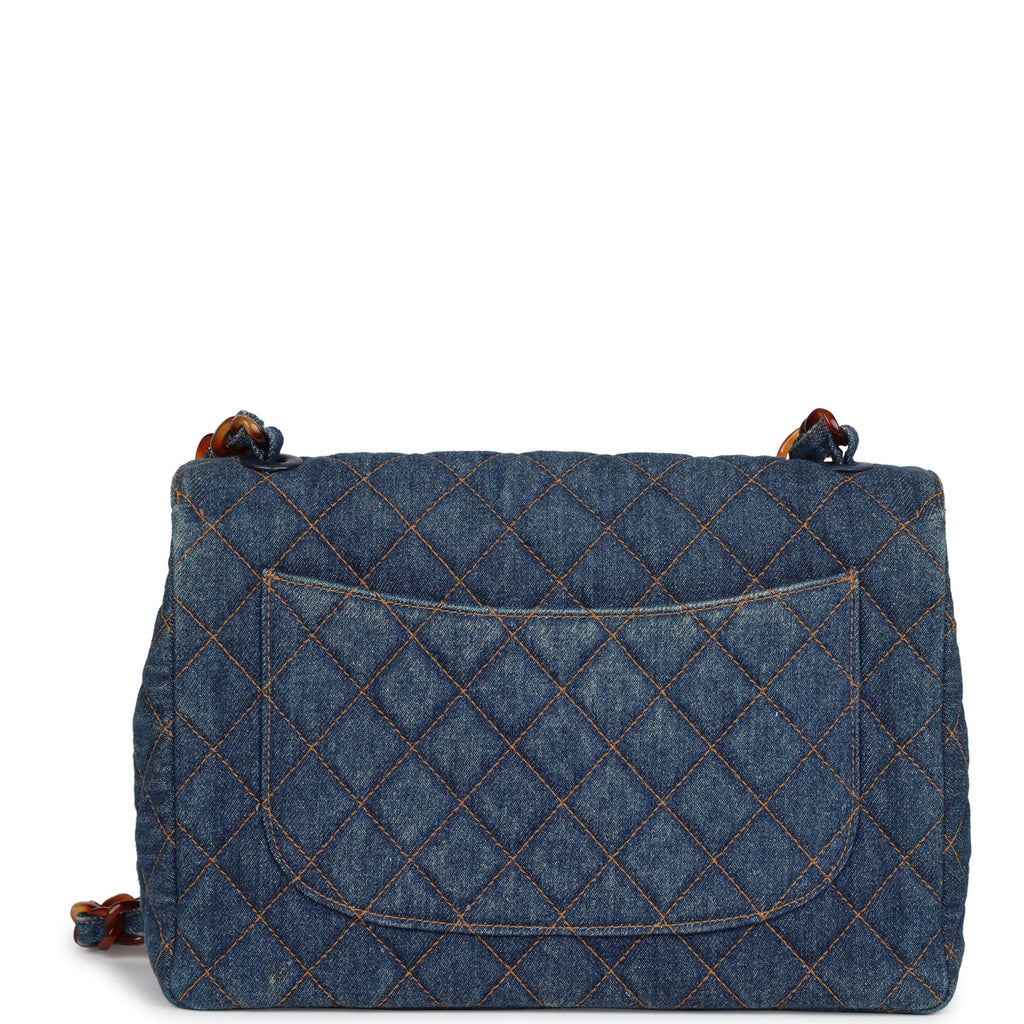 Vintage Chanel Jumbo Classic Single Flap Bag Blue Denim Tortoiseshell Bakelite Hardware - Image 5