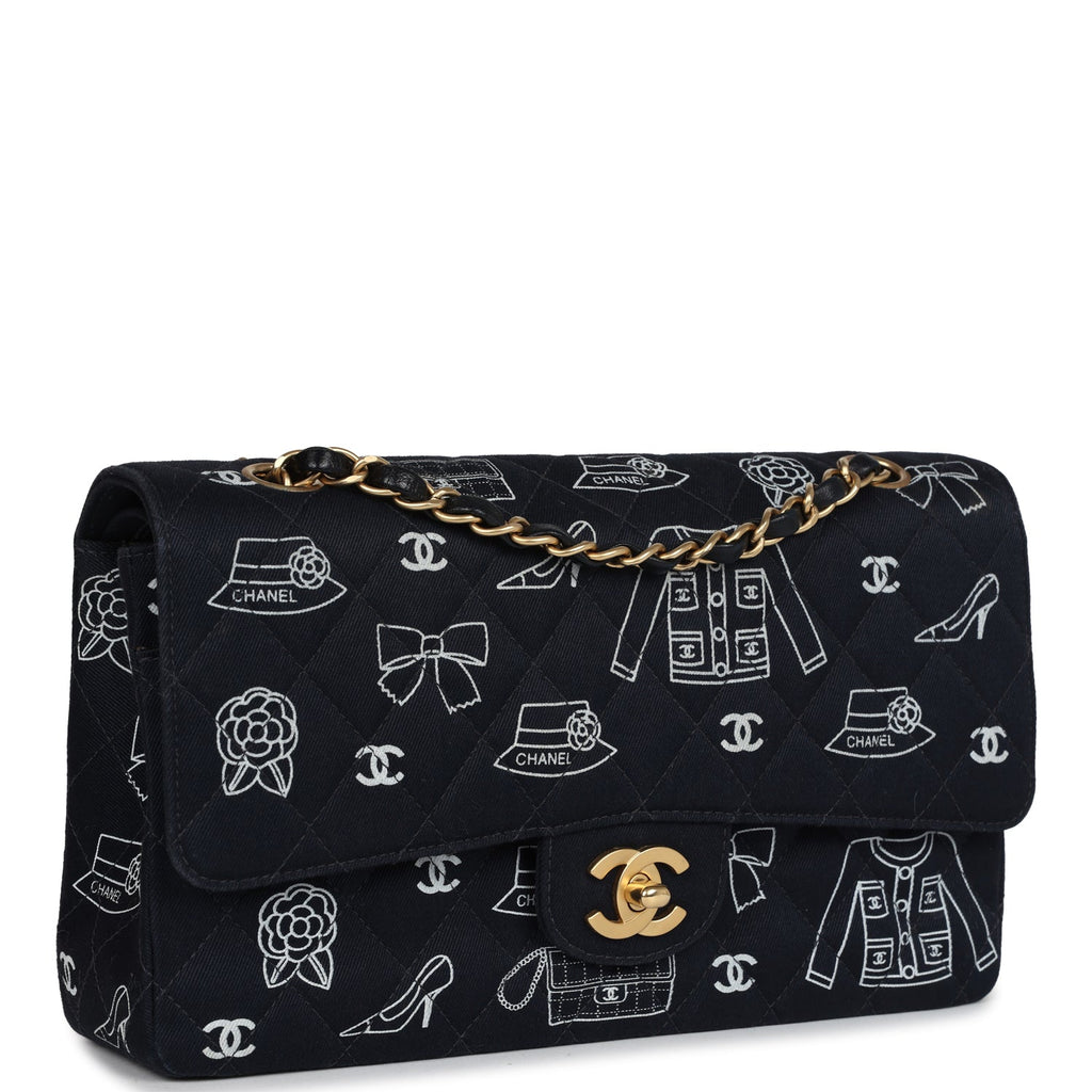 Vintage Chanel Medium Icon Print Double Flap Bag Navy Canvas Brushed Gold Hardware - Image 3