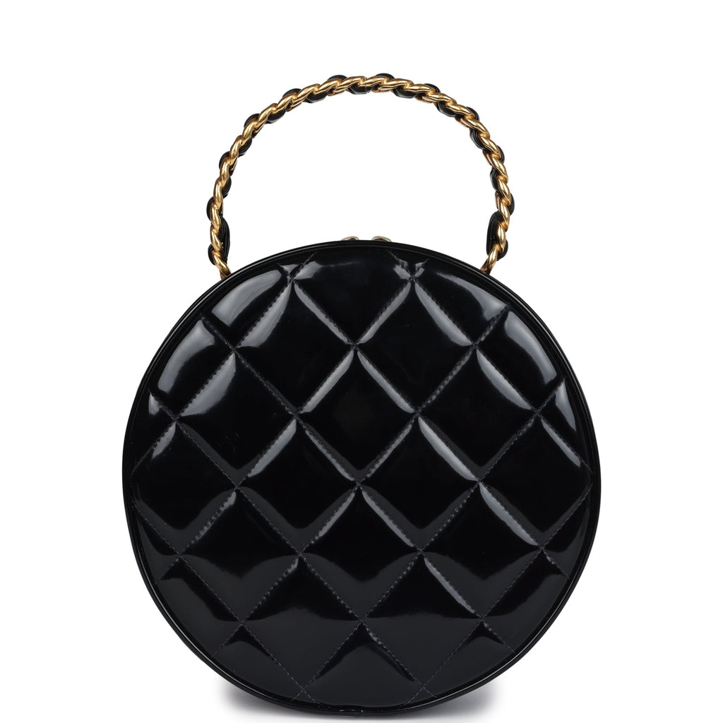 Vintage Chanel Round Vanity Bag Black and White Patent Leather Antique Gold Hardware - Image 5